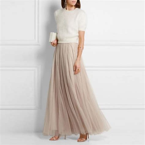 Soft Tulle Skirt A Line Floor Length Maxi Skirt Champagne Modest Women