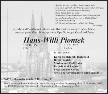 Traueranzeigen Von Hans Willi Piontek Rz Trauer De