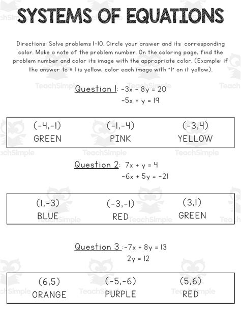 Systems Of Equations Color By Number Worksheet By Teach Simple