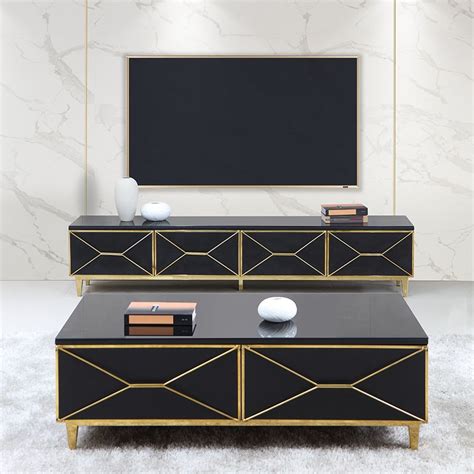 78 Modern Black TV Stand Glass Top Media Console With 4 Drawers In Gold