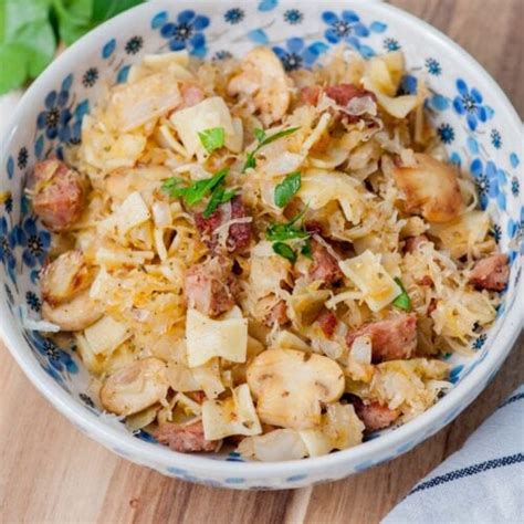 Łazanki Polish Noodles With Cabbage Kiełbasa And Mushrooms