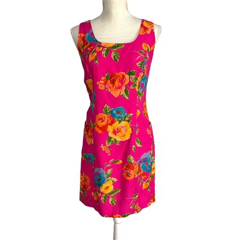 Vintage 90s Hot Pink Floral Sleeveless Mini Dress Depop