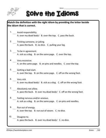 Worksheet Of Idioms Idioms Worksheets