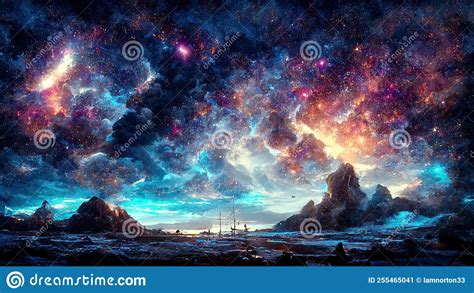 Night Sky Landscape Full of Stars and Clouds Illustration Stock ...