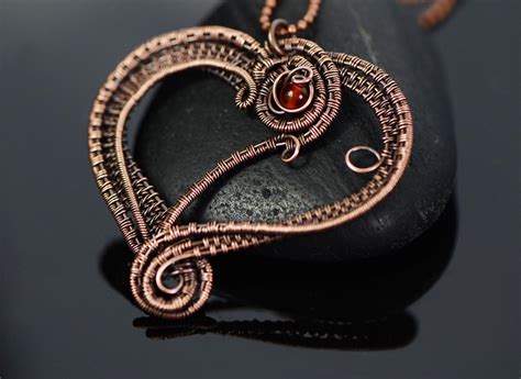 Wire Wrapped Pendant Heart Wire Weave Copper Wire Necklace Carnelian Gemstone Elegant Wire Weave