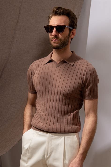 Brown Ribbed Knit Polo Made In Italy Polo Shirt Outfits Shirt