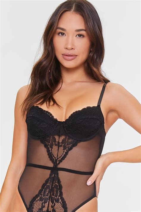 Forever 21 Floral Lace Mesh Lingerie Bodysuit Black Forever21usa