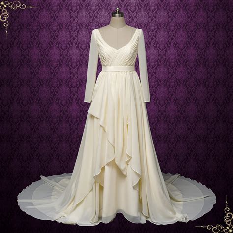 Vintage Chiffon Wedding Dress with Ruffle Skirt and Long Sleeves | ALP
