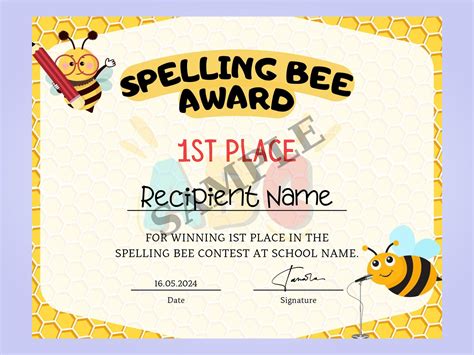 Editable Spelling Bee Certificate Template, Spelling Participant Award