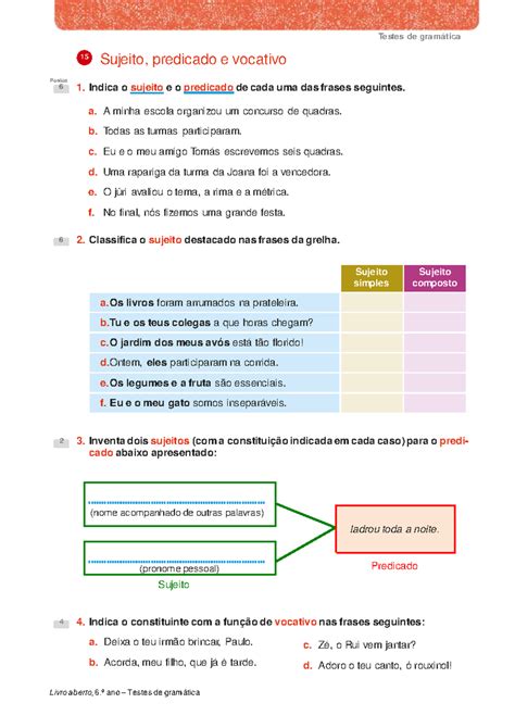 Sujeito E Predicado 6 Ano - Testes de Gramática: Sujeito, Predicado e Vocativo - 6.º Ano - Studocu