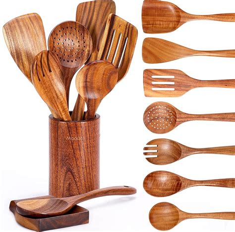 Acmetop Natural Teak Kitchen Utensils 9pc Set With Spoon Rest And Comfort Grip