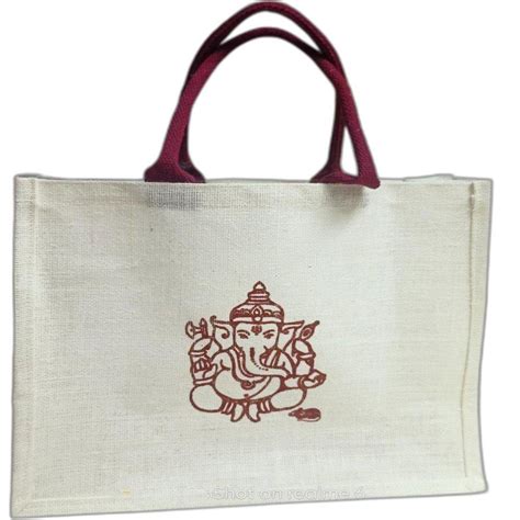 Rope Handle Open White Ganesha Printed Jute Bag Size Dimension