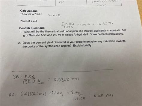 Solved Percent Yield Postlab Questions Chegg