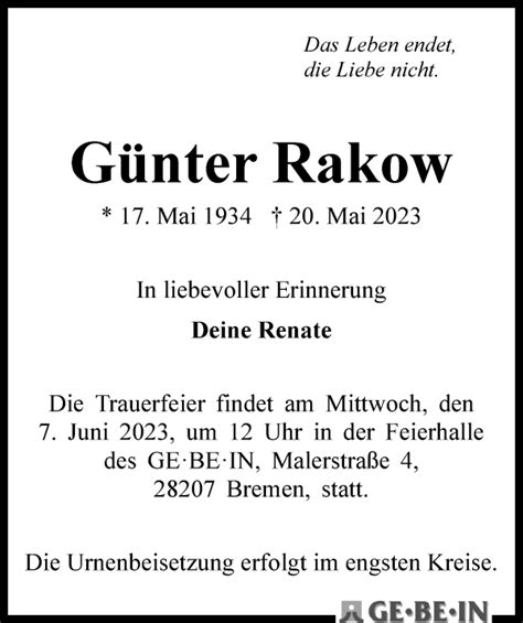 Traueranzeigen Von G Nter Rakow Trauer Gedenken