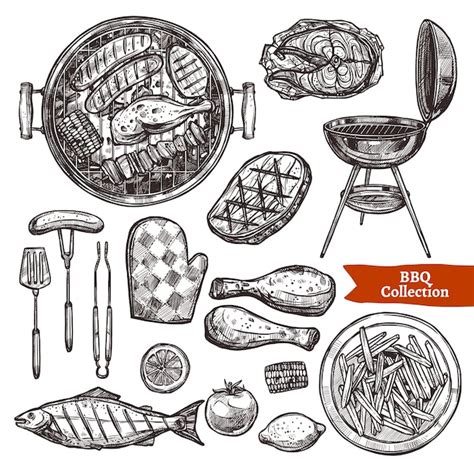 Premium Vector Bbq Grill Sketch Set Hand Drawn Barbecue Collection