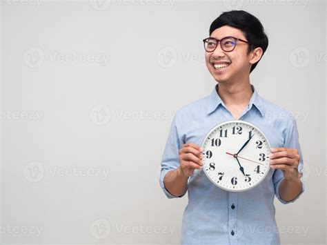 Asian Businessman Happy Smile Holding Analog Clock Gesture Looking