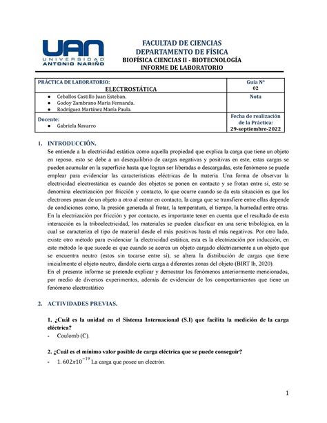 Informe Biofísica No 02 Grupo 2 FACULTAD DE CIENCIAS DEPARTAMENTO DE