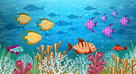 Underwater panorama. Sea under water life, cartoon ocean swimming fish ...