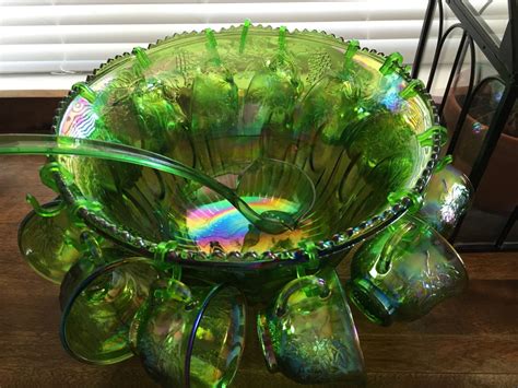 Green Carnival Glass Punch Bowl Set Indiana Glass Vintage Etsy Canada Green Punch Punch