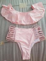 18 OFF 2021 Off The Shoulder Cutout Flounced Bikini Set In PINK ZAFUL