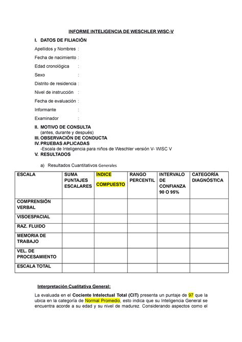 Estructura Informe Wisc V Informe Inteligencia De Weschler Wisc V I