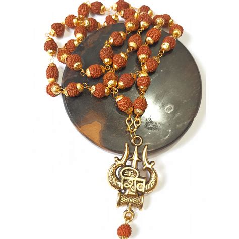 5 Mukhi Rudraksha Mala With Pendant 9mm Round Panchmukhi In Golden Cap