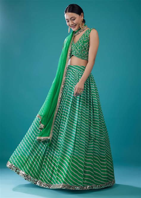 Buy Jade Green Embroidered Georgette Leheriya Lehenga Set