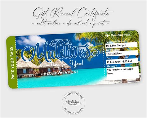 Maldives Travel Ticket, Maldives Gift Ticket, Airplane Ticket Blue