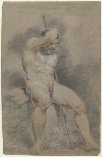 A Kneeling Male Nude With Upraised Head And Arm In A Landscape Setting