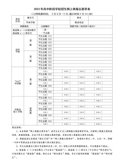 2023年高中阶段学校招生网上填报志愿草表 黄石教育网