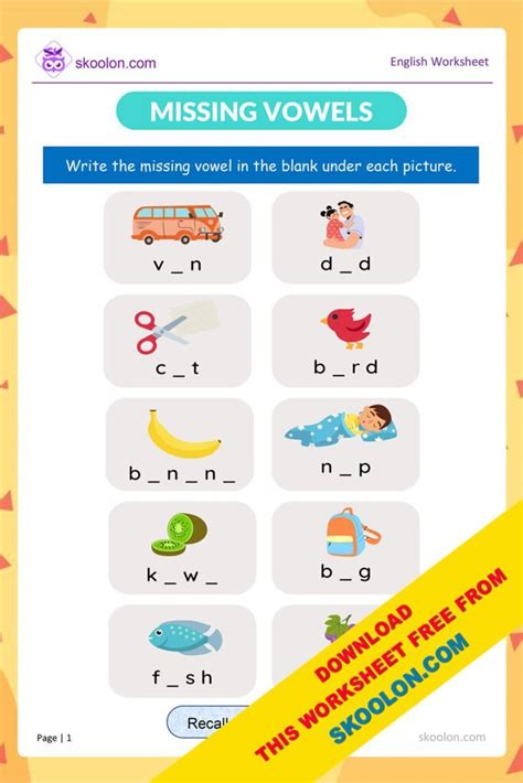 Missing Vowel Worksheet 2 Skoolon