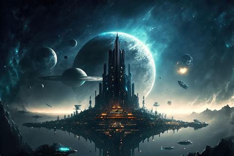 Premium Photo Scifi Fantasy Floating City In The Vastness Space