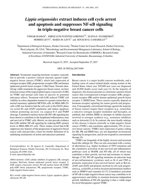 Pdf Lippia Origanoides Extract Induces Cell Cycle Arrest And