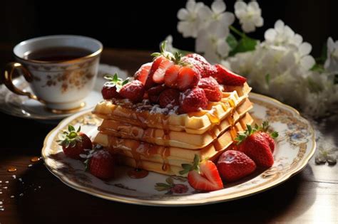 Premium Photo Breakfast Golden Waffles And Onboard Syrup Generative Ia