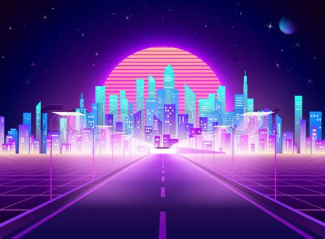 Highway To Cyberpunk Futuristic Town Stock Vector Colourbox