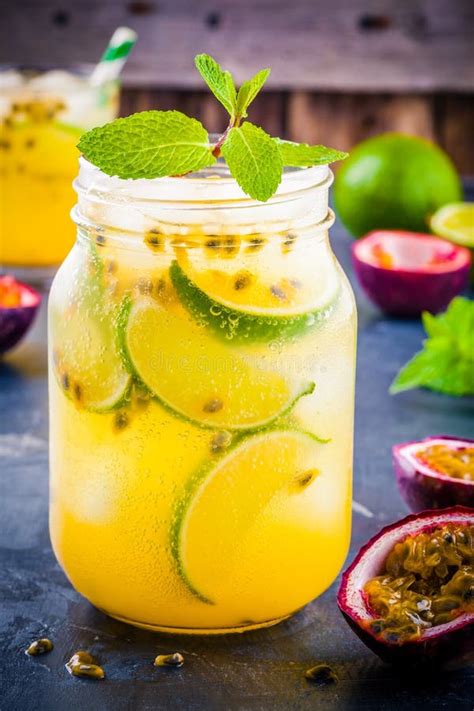 Tropical Cocktail With Passion Fruit Lime And Mint Stock Image Image