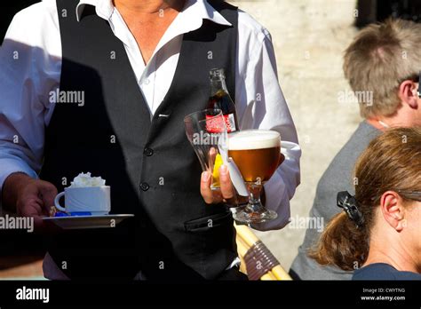 Waiter Serving Pouring Glass Belgian Beer Belgium Stock Photo Alamy