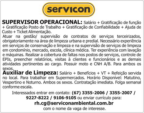 Jornal Meu Emprego Ms Vaga Servicon Supervisor Operacional