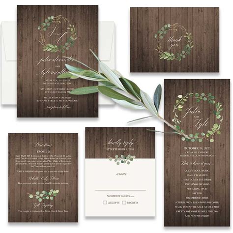 Vineyard Wedding Invitations Lush Greenery Rustic Barn Wood