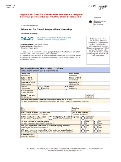 Fillable Online Application Form For The PROMOS Scholarship Program