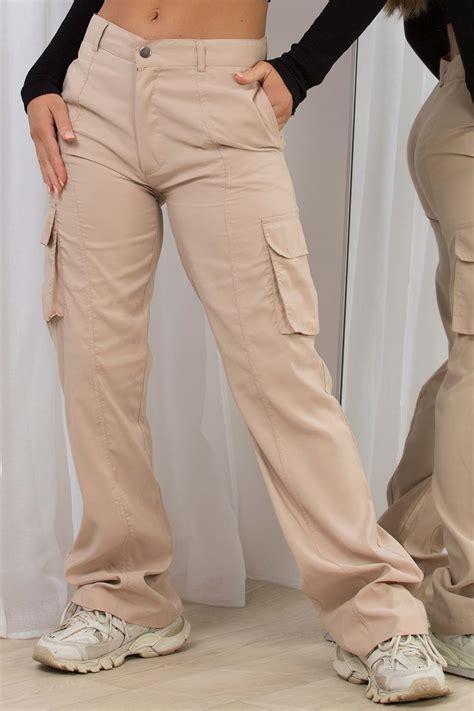 Women S Wide Leg Cargo Trousers With Utility Pockets Beige Uk