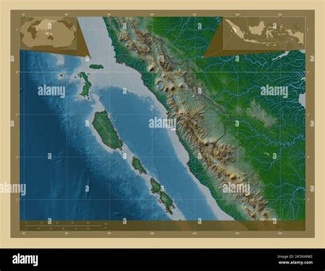 Sumatera Barat, province of Indonesia. Colored elevation map with lakes and rivers. Corner ...