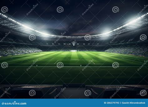 Football Soccer Field Stadium at Night and Spotlight Stock Image ...