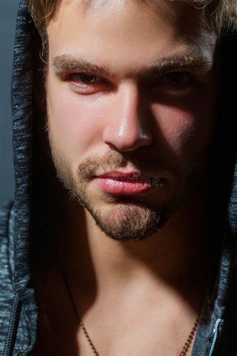 Gay Studio Portrait Close Up Macro Shot Of Serious Man Close Up Guy Look In Camera Stock
