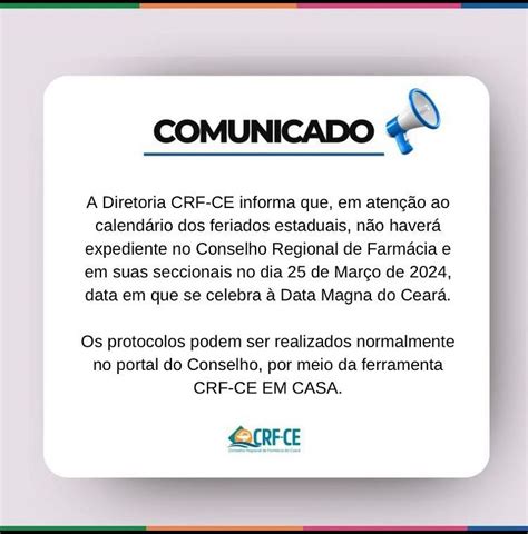 Comunicado 25 de Março de 2024 Data Magna do Ceará CRF CE