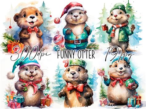 19  Christmas Otter Watercolour Christmas Clipart Winter Clipart