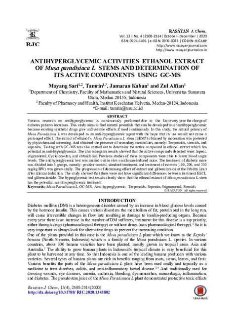 Pdf Antihyperglycemic Activities Ethanol Extract Of Musa Paradisiaca