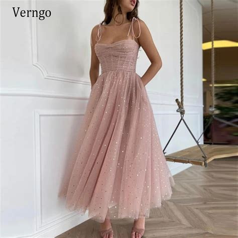 Verngo Dusty Pink Dotted Tulle Evening Party Dresses Off The Shoulder