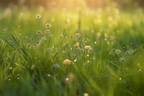 A Dewy Green Grass Meadow With Wildflowers Stock Illustration