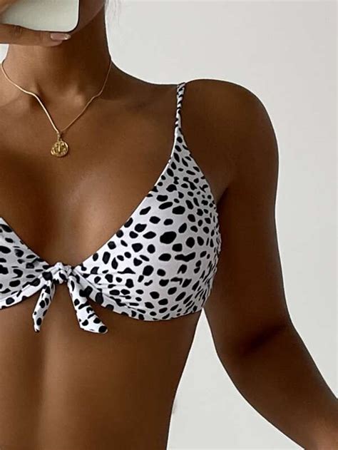 SHEIN Swim Vcay Dalmatian Knot Front Push Up Bikini Swimsuit With Beach